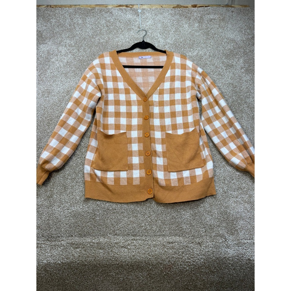La Lavor Mustard Yellow Gingham Checkered Button‎ Front Cardigan Sweater Small S